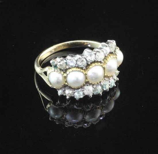 An early 20th century gold, split pearl and diamond half hoop dress ring, size S.